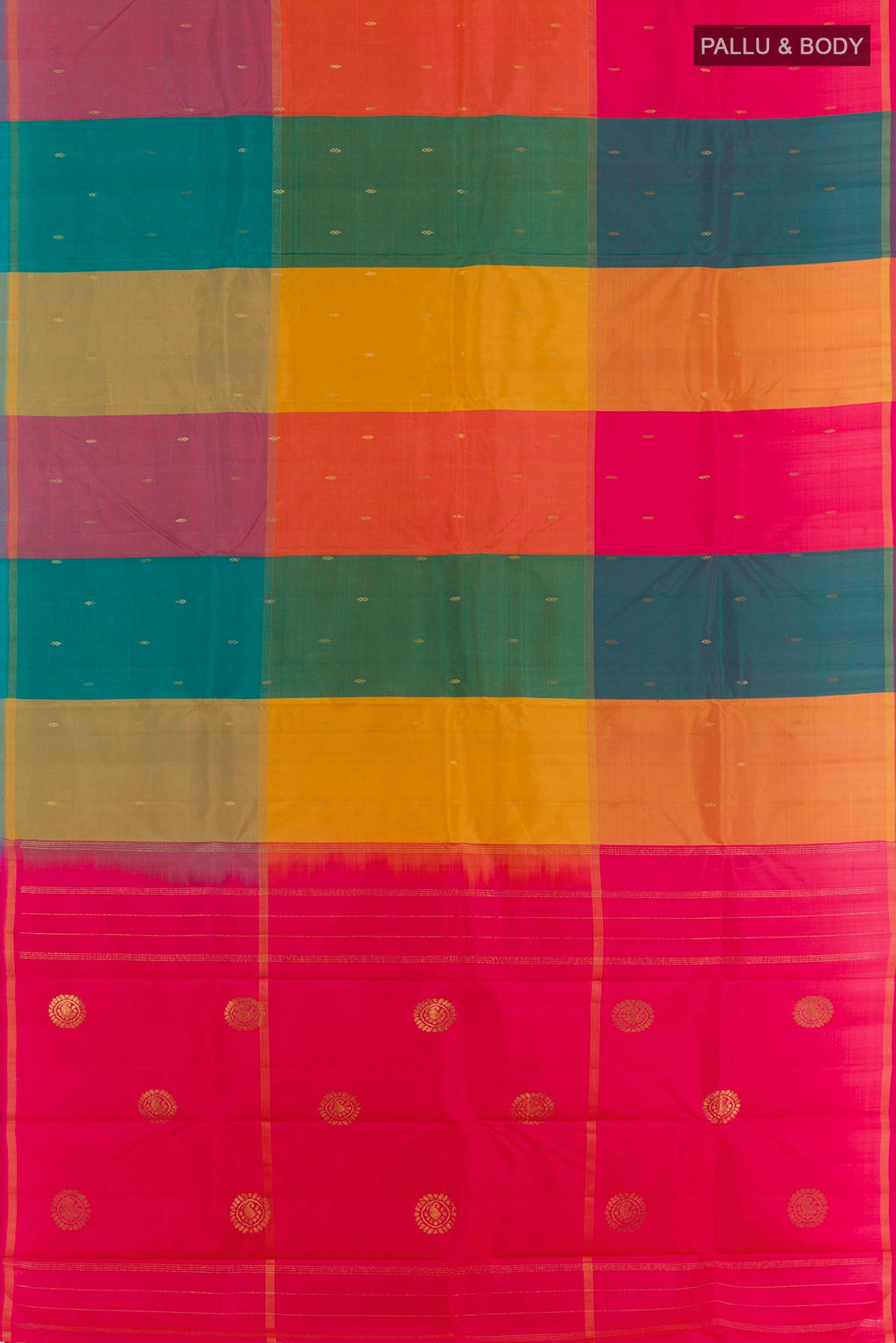 Flat view of Multi Color Kanchipuram Silk Saree with Zari Butta on the body and Zari Border. 
