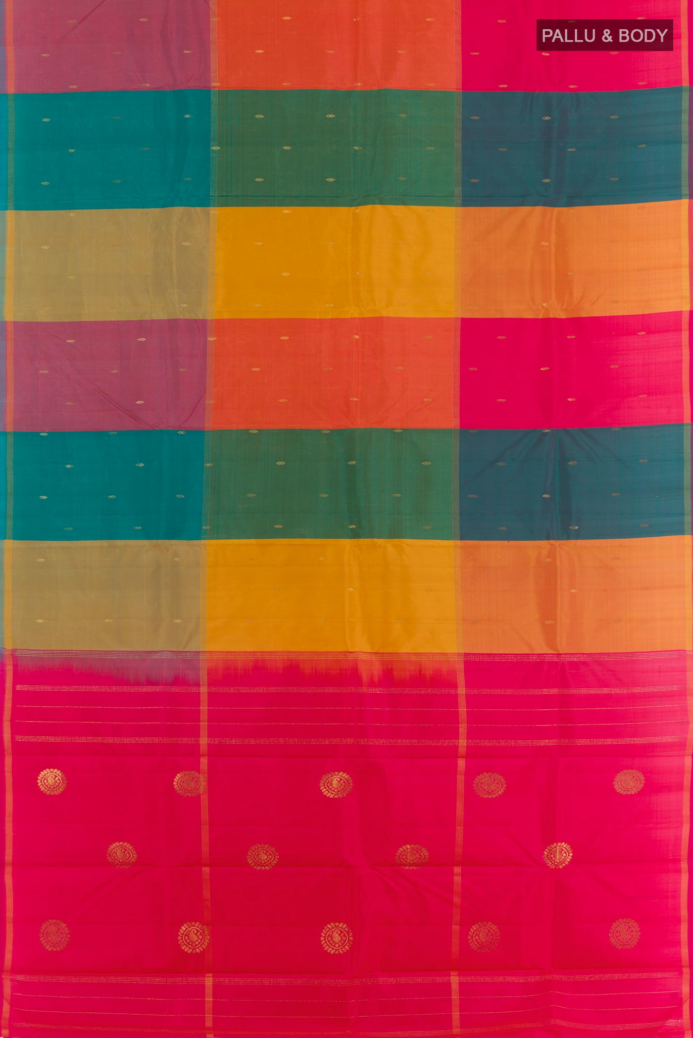 Flat view of Multi Color Kanchipuram Silk Saree with Zari Butta on the body and Zari Border. 