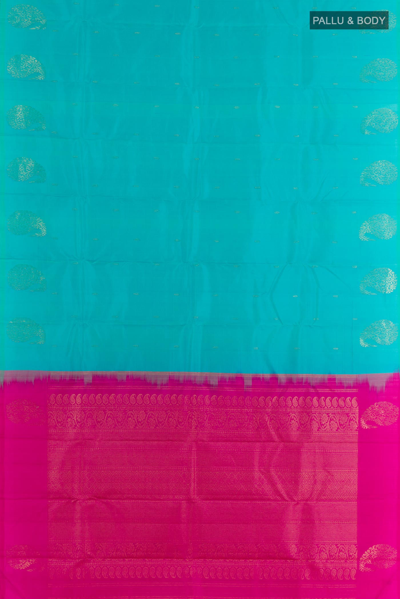 Flat view of Sea Green Kanchipuram Silk Saree with Zari Butta on the body and Zari Border. 