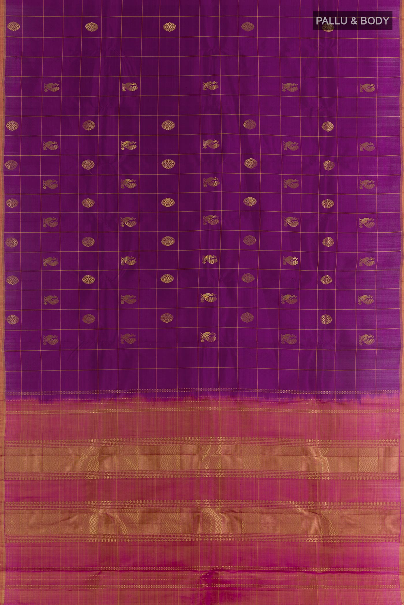 Flat view of Purple Kanchipuram Silk Saree with Zari Butta on the body and Zari Border. 