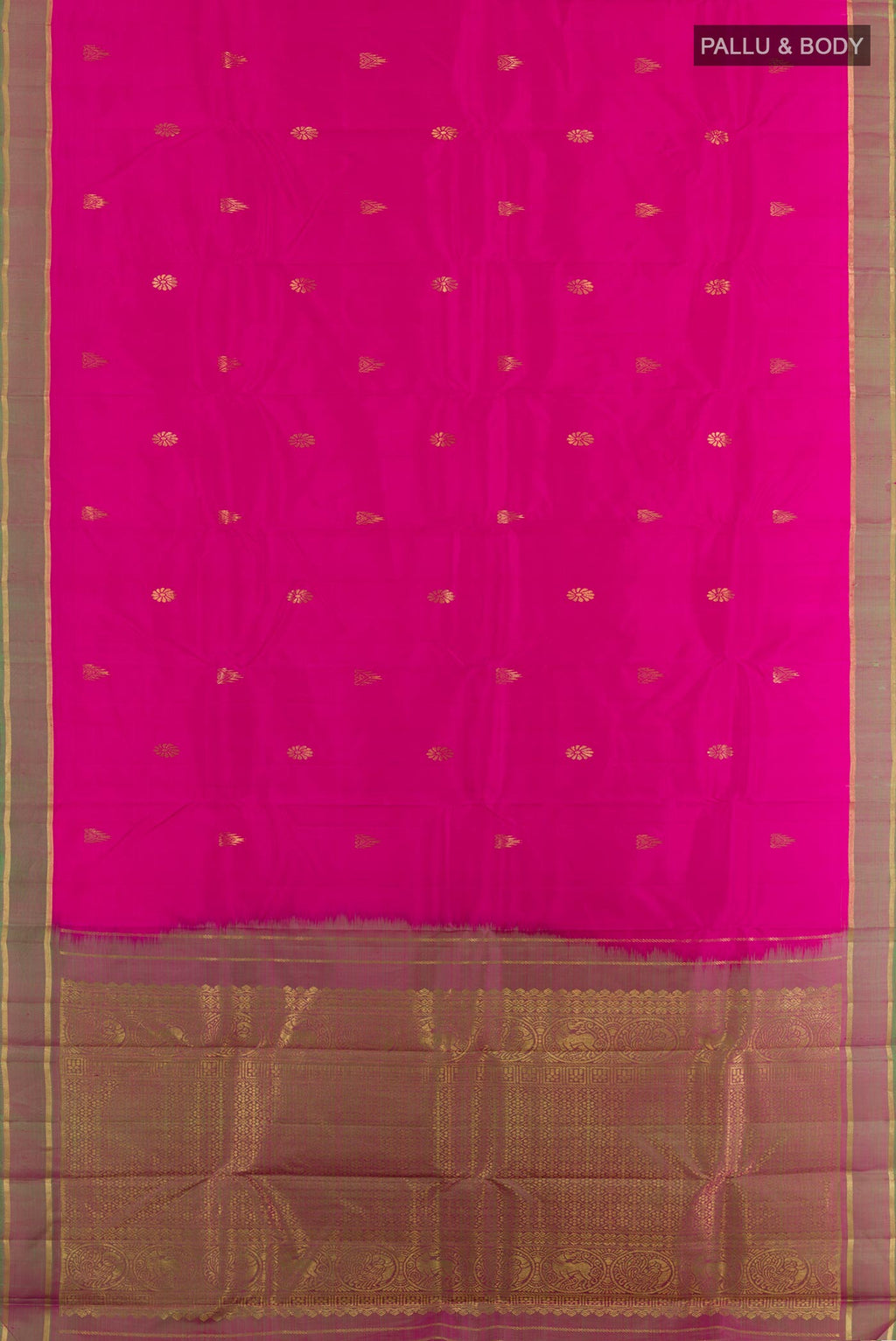 Flat view of Pink Kanchipuram Silk Saree with Zari Butta on the body and Zari Border. 