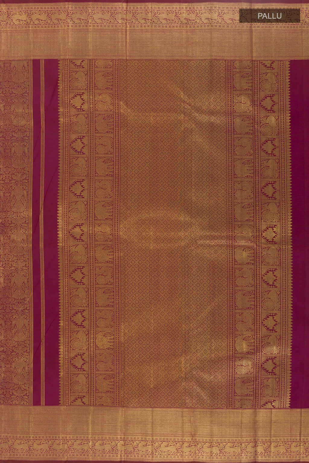 Close up image of the pallu of Pure Silk Pure Zari Maroon Kanjivaram Saree with Zari Brocade on the body and Zari Border. 