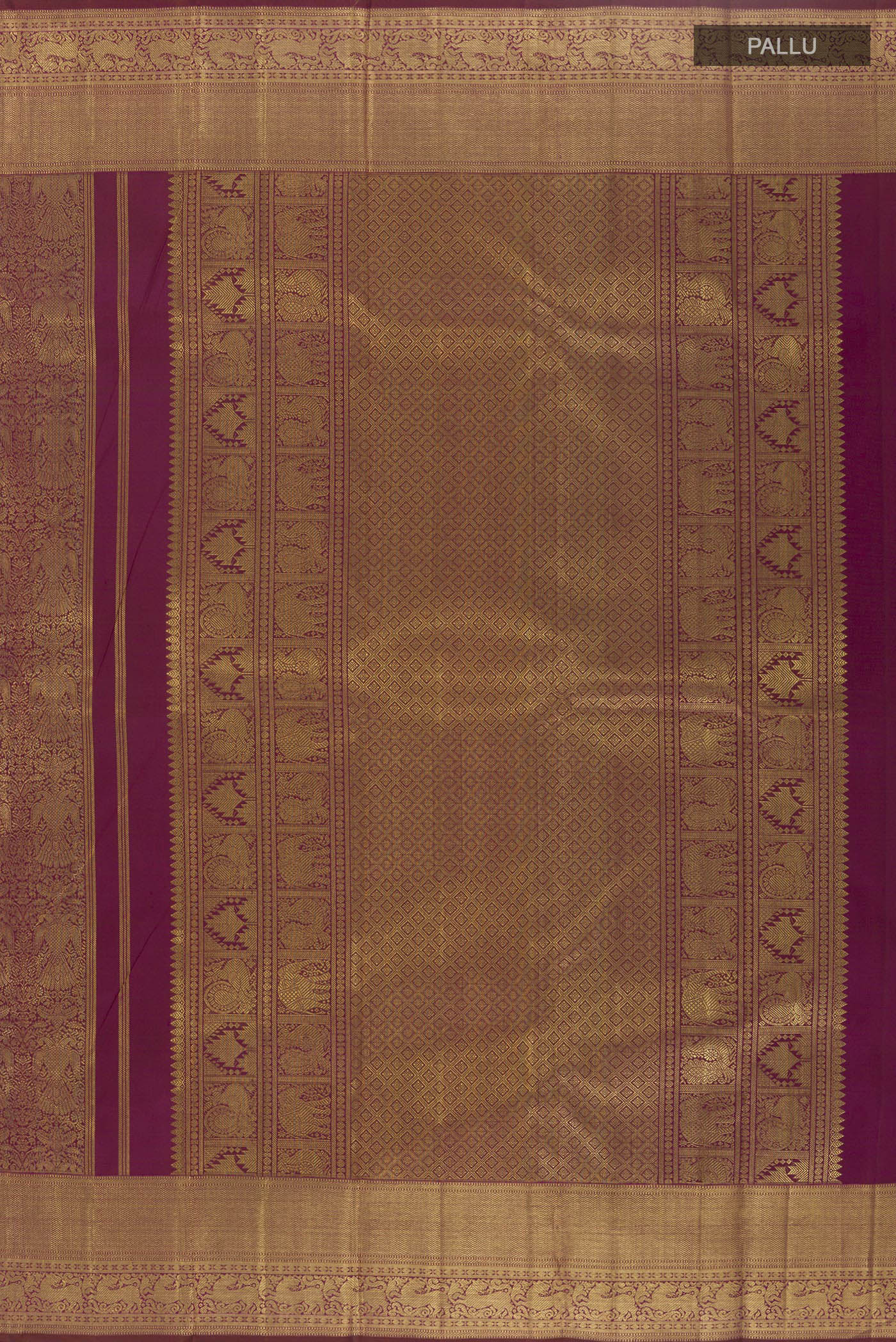 Close up image of the pallu of Pure Silk Pure Zari Maroon Kanjivaram Saree with Zari Brocade on the body and Zari Border. 