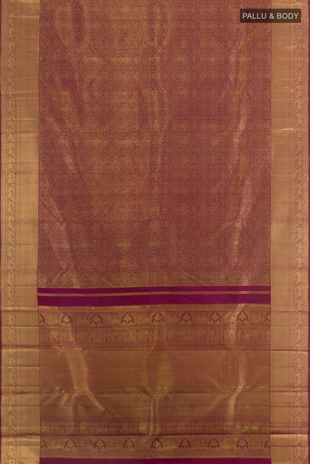 Flat view of Pure Silk Pure Zari Maroon Kanjivaram Saree with Zari Brocade on the body and Zari Border. 