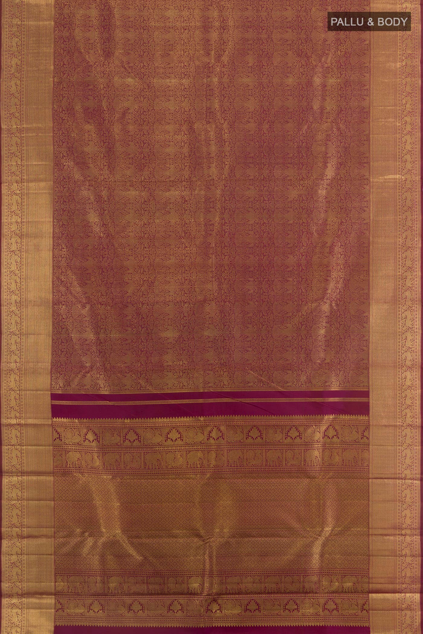 Flat view of Pure Silk Pure Zari Maroon Kanjivaram Saree with Zari Brocade on the body and Zari Border. 