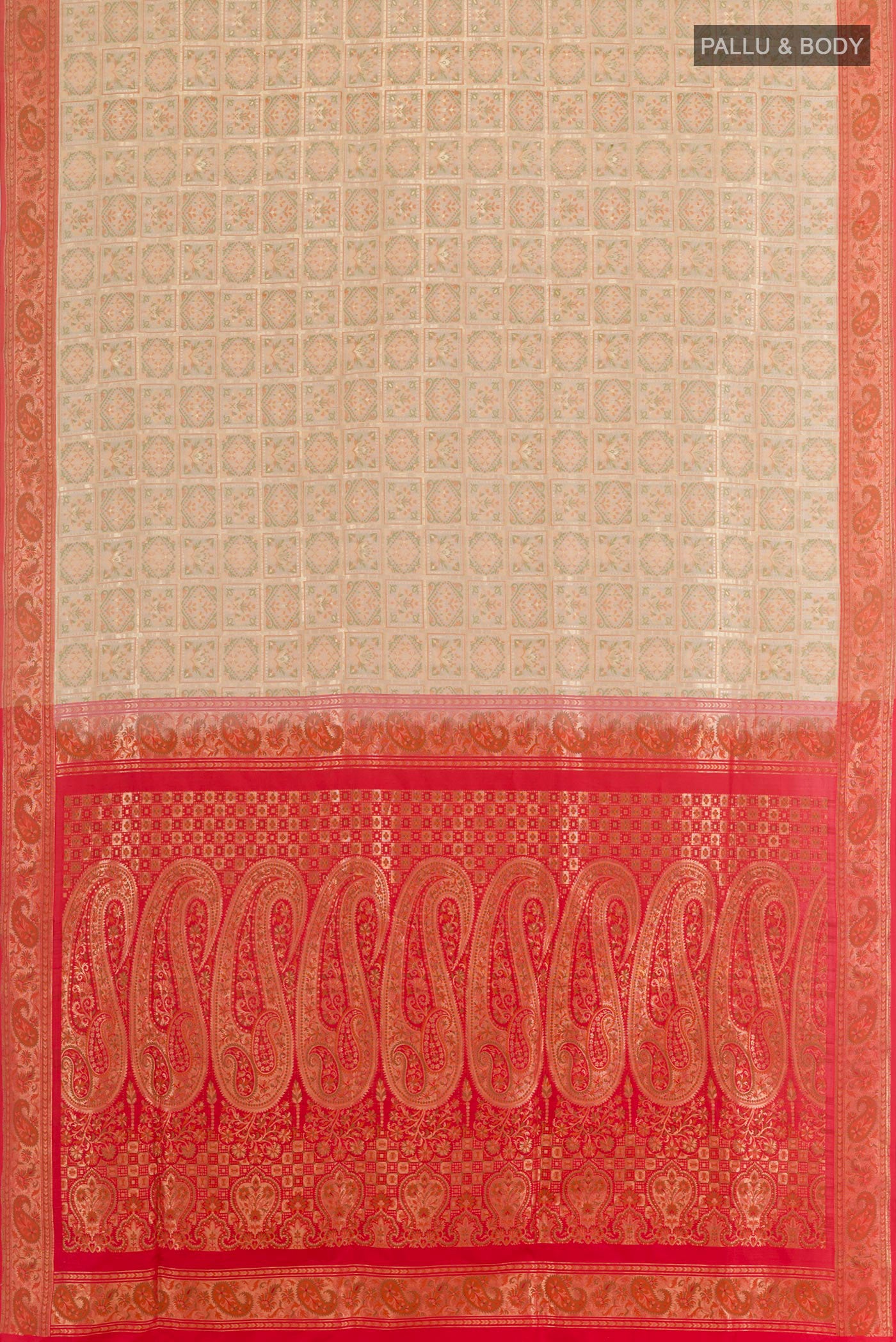 Flat view of Cream Banarasi Jamavar Saree with Jacquard With Zari Butta on the body and Zari Border. 