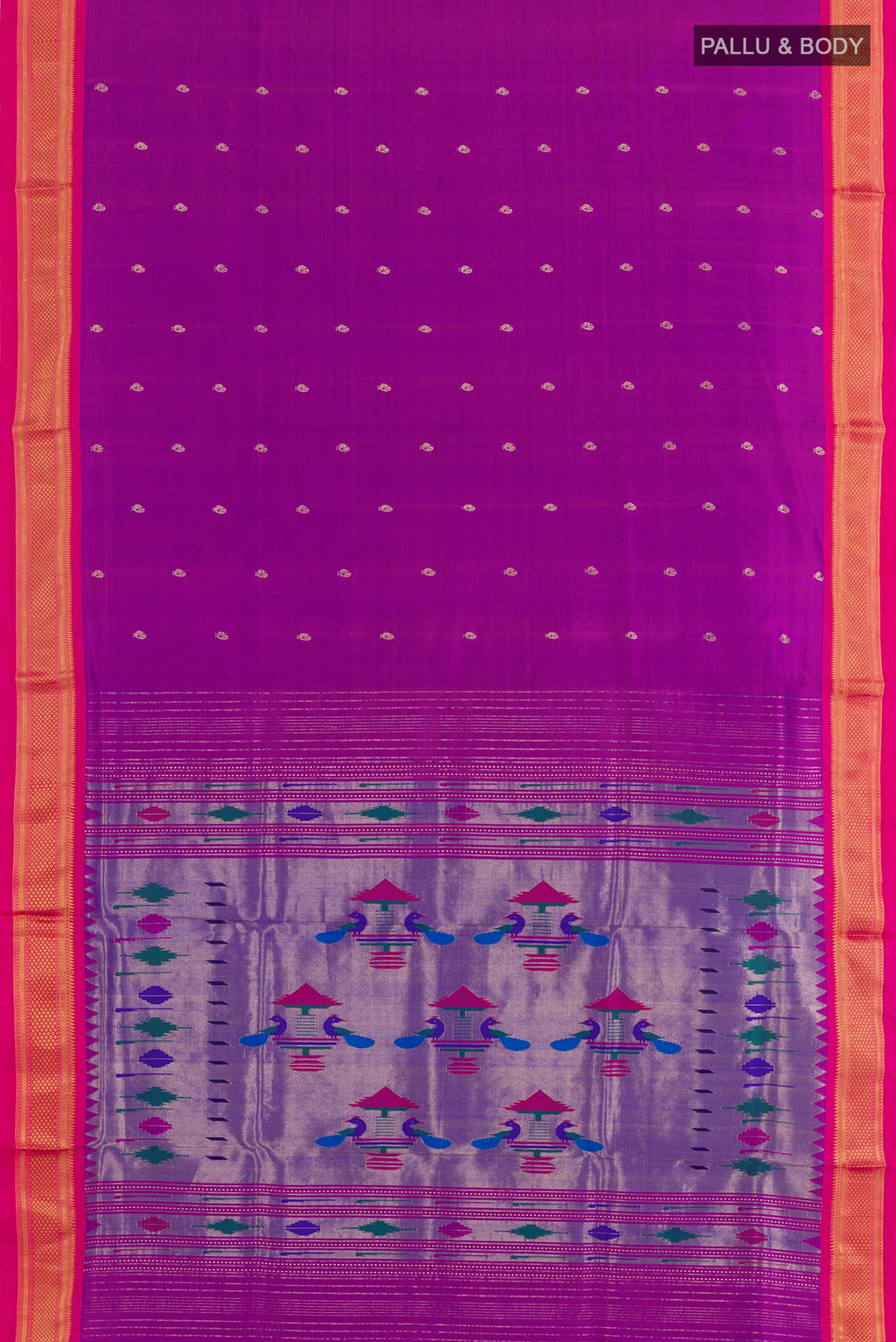 Flat view of Purple Paithani Silk Saree with Zari Butta on the body and Zari Border. 