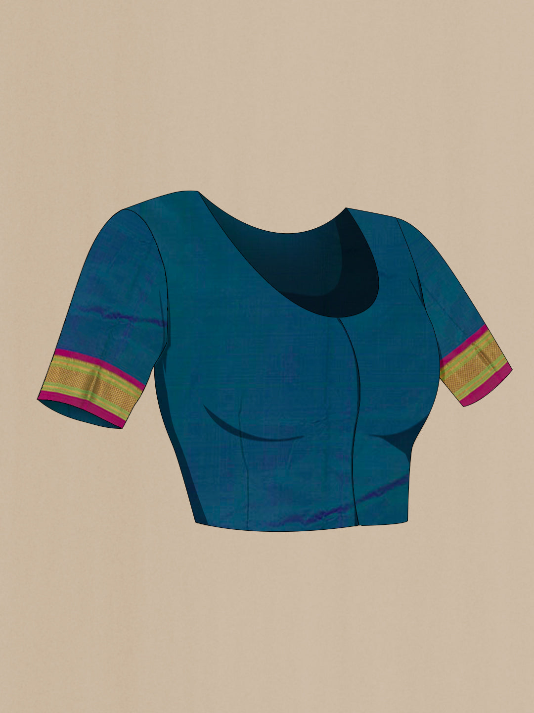 Close up image of the blouse of Peacock Blue Paithani Silk Saree with Zari Butta on the body and Zari Border. 