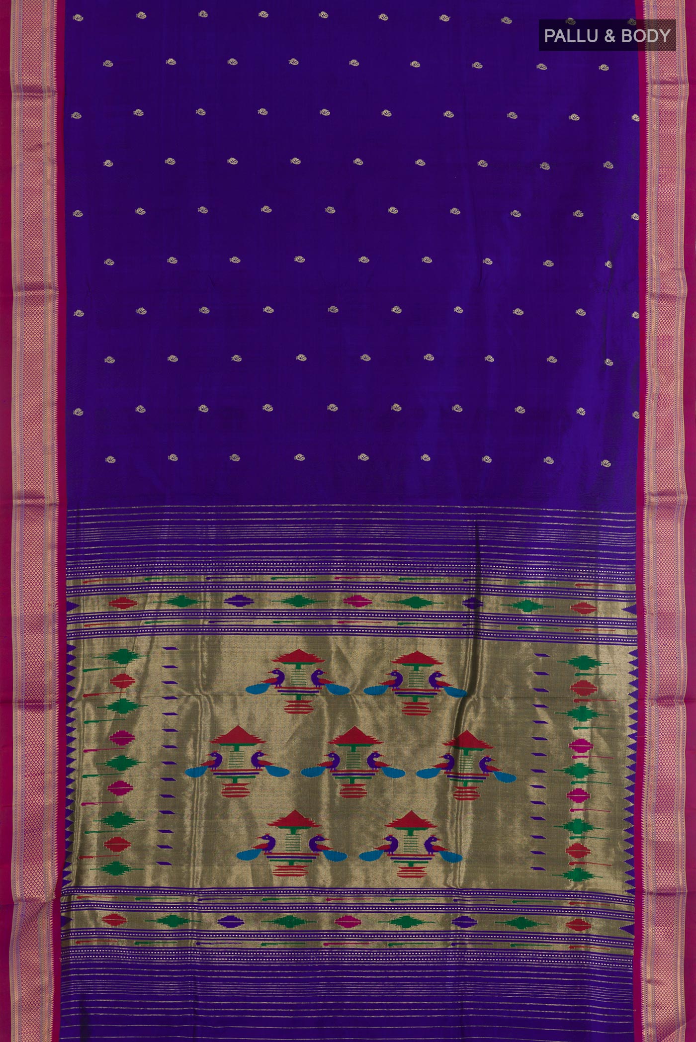 Flat view of Dark Blue Paithani Silk Saree with Zari Butta on the body and Zari Border. 