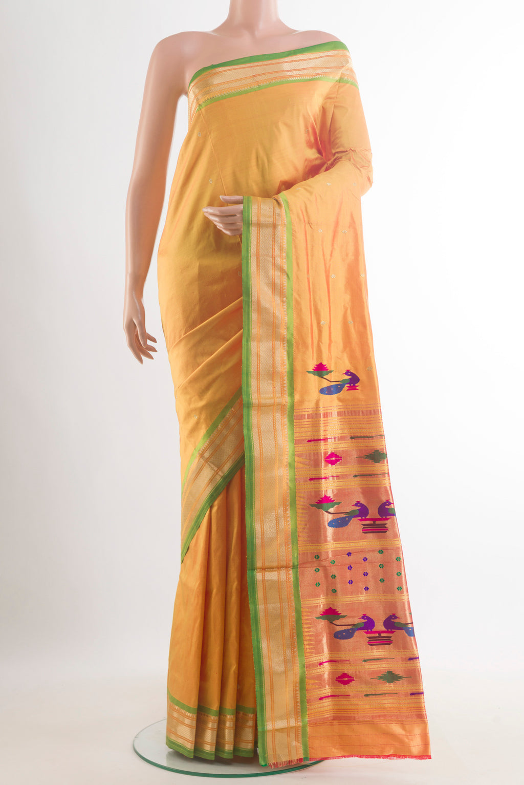 Pure Silk Yellow Paithani Saree with Zari Butta on the body and Zari Border.  displayed on a mannequin