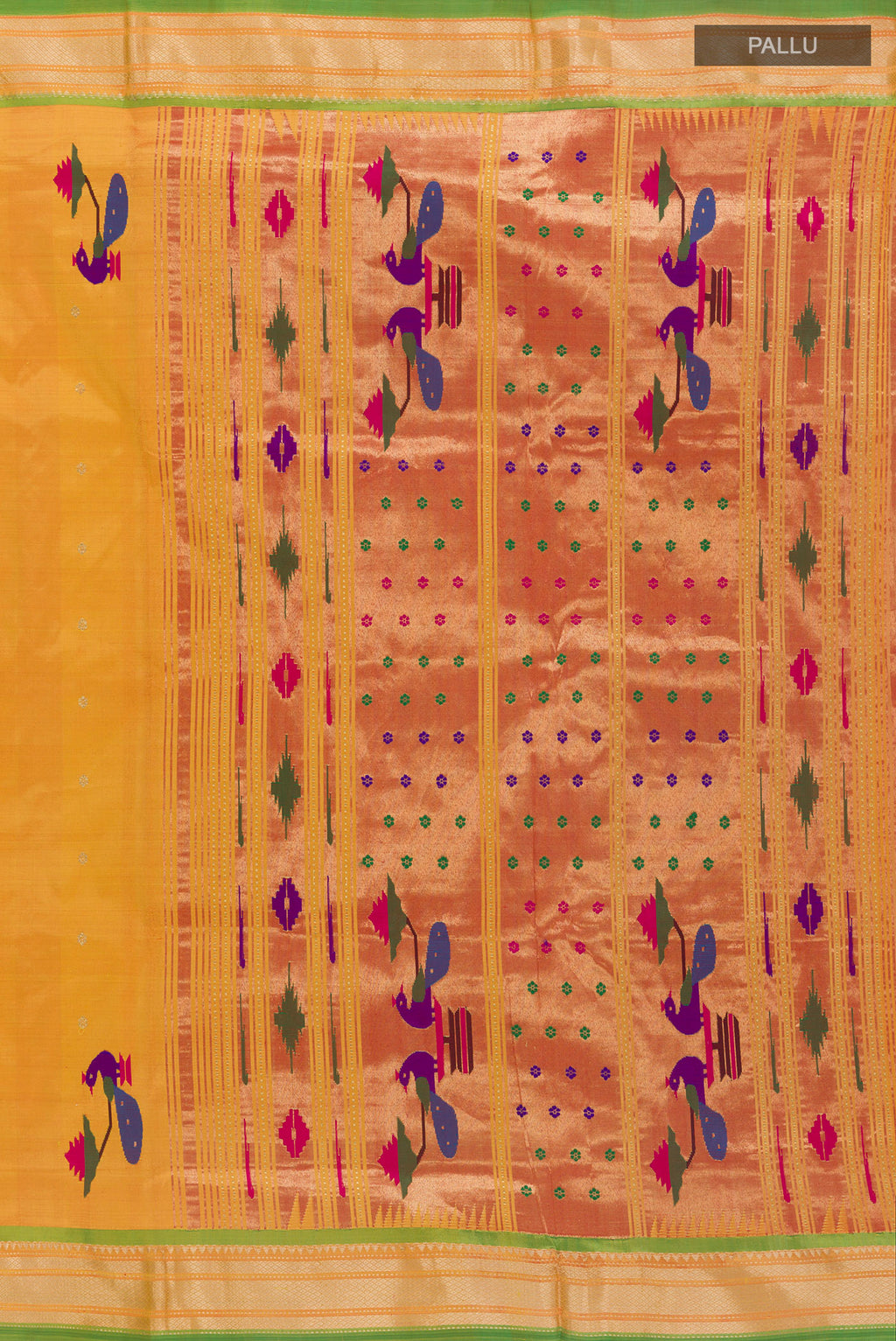 Close up image of the pallu of Pure Silk Yellow Paithani Saree with Zari Butta on the body and Zari Border. 