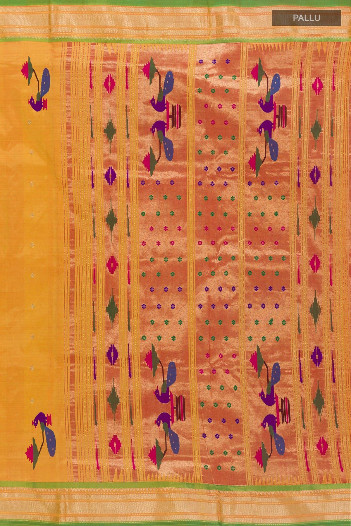 Close up image of the pallu of Pure Silk Yellow Paithani Saree with Zari Butta on the body and Zari Border. 