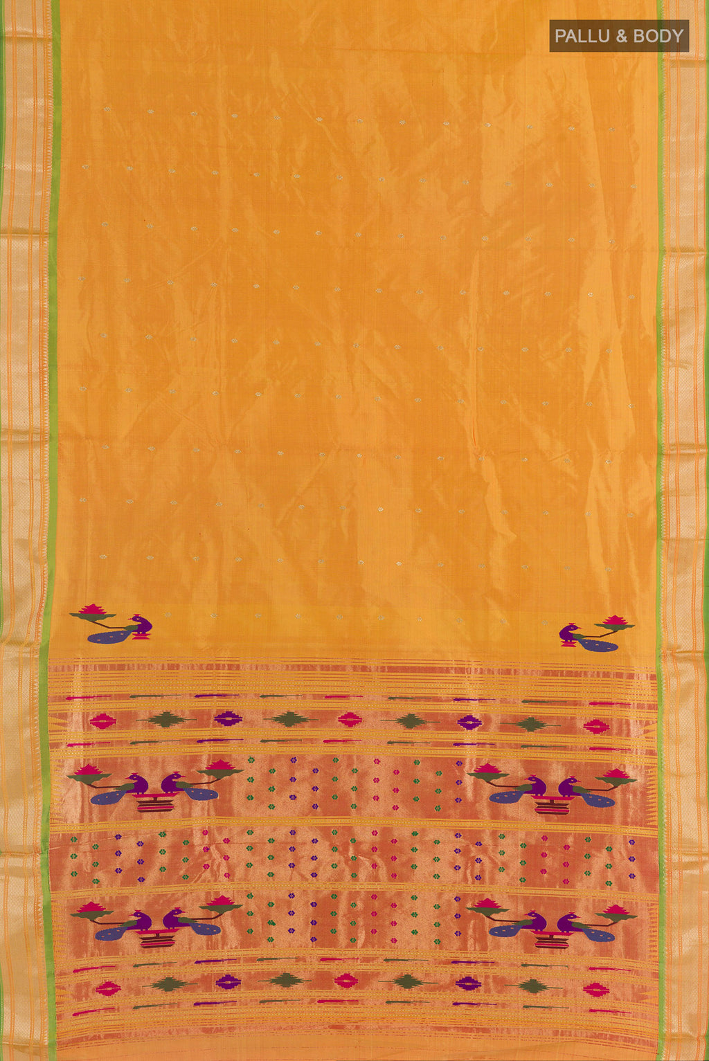 Flat view of Pure Silk Yellow Paithani Saree with Zari Butta on the body and Zari Border. 