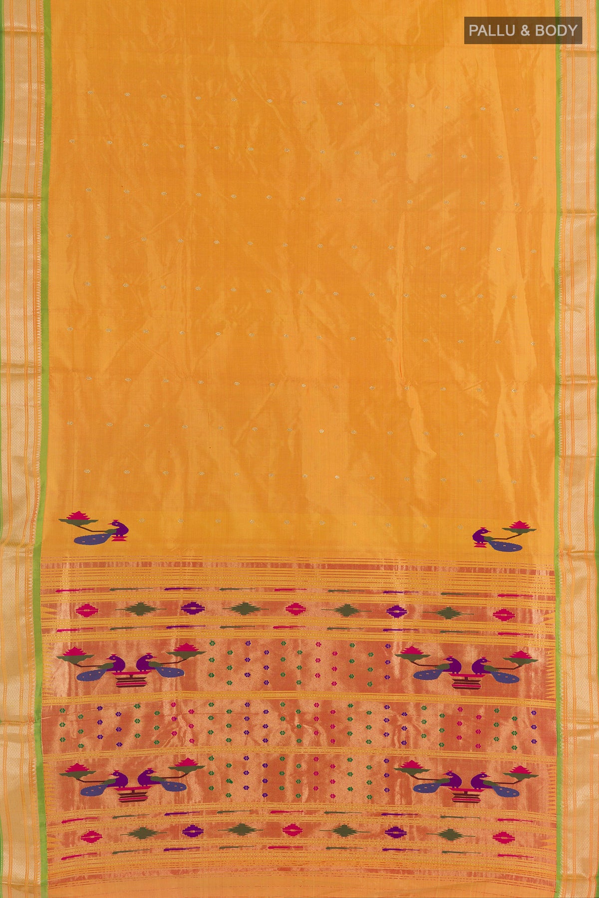 Flat view of Pure Silk Yellow Paithani Saree with Zari Butta on the body and Zari Border. 