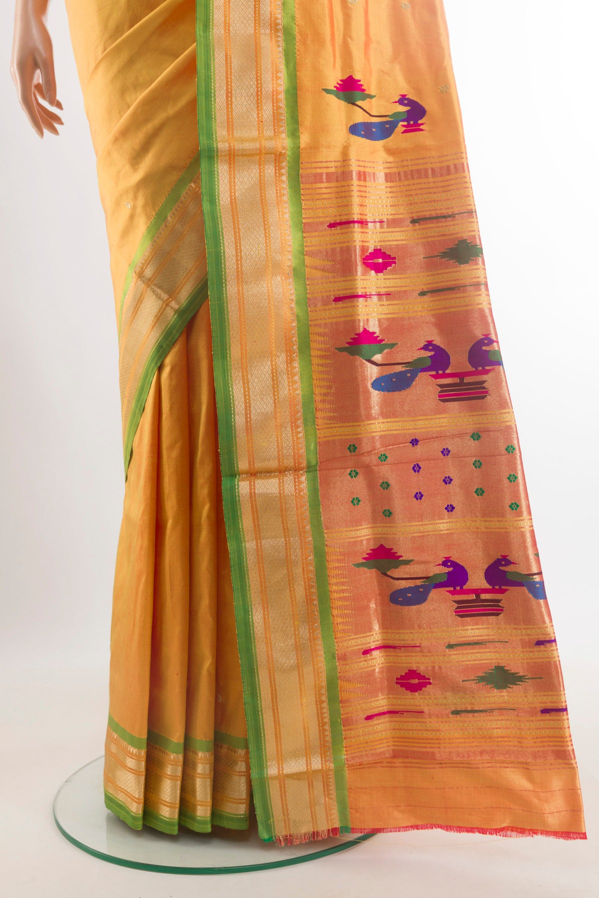 Pleats and pallu of Pure Silk Yellow Paithani Saree with Zari Butta on the body and Zari Border. 