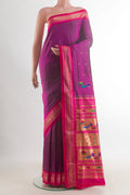 Pure Silk Purple Paithani Saree with Zari Butta on the body and Zari Border.  displayed on a mannequin