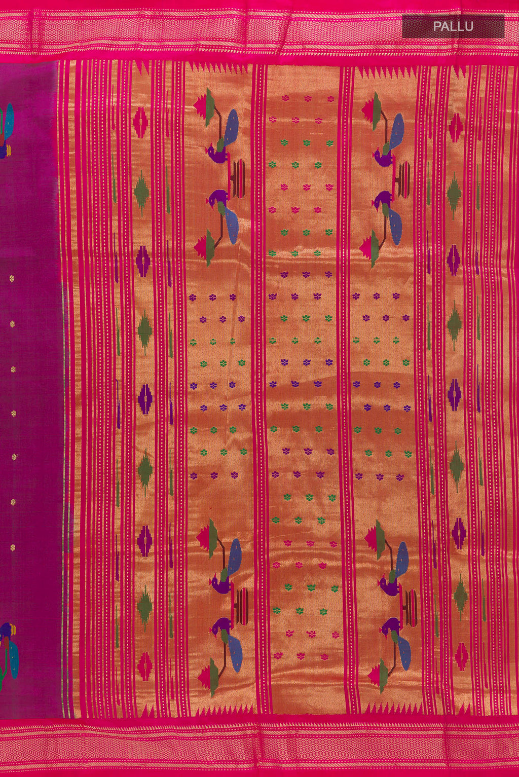 Close up image of the pallu of Pure Silk Purple Paithani Saree with Zari Butta on the body and Zari Border. 