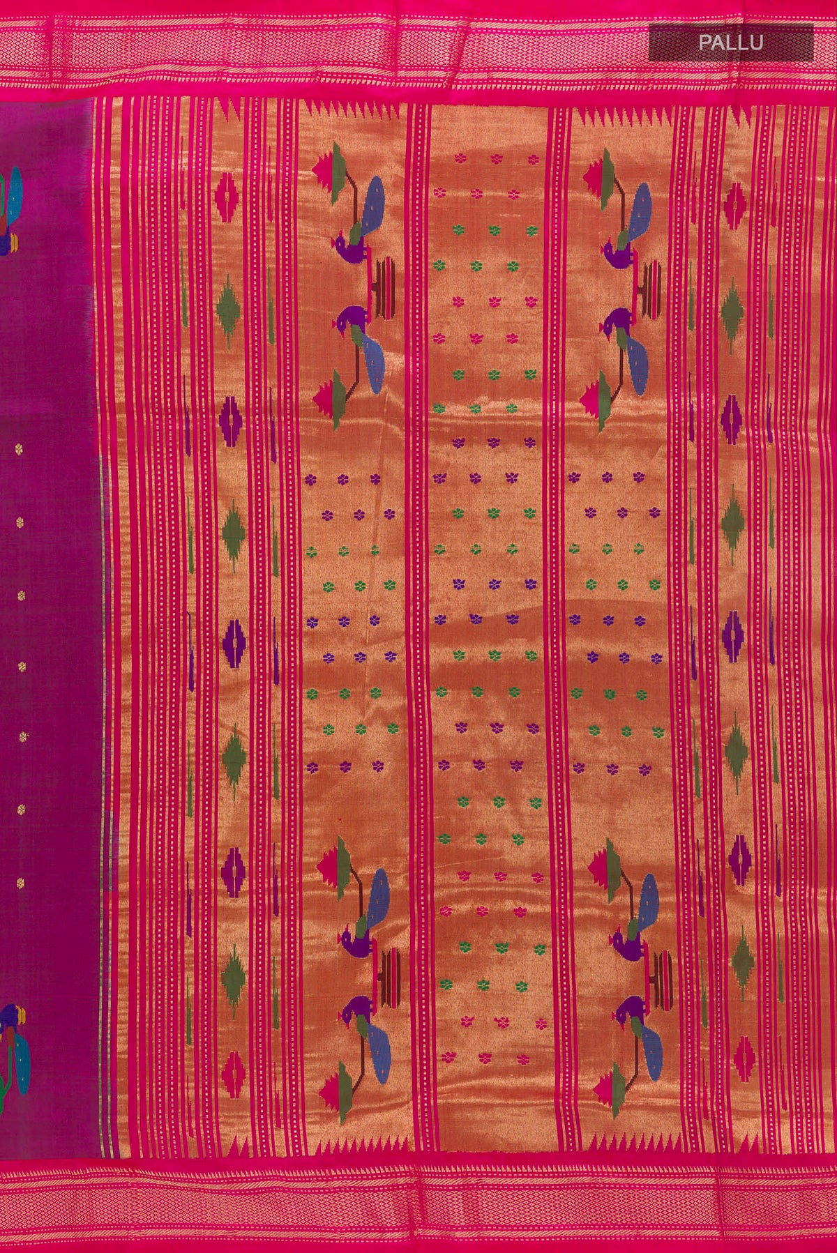 Close up image of the pallu of Pure Silk Purple Paithani Saree with Zari Butta on the body and Zari Border. 