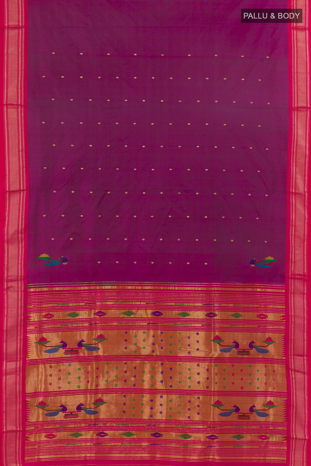 Flat view of Pure Silk Purple Paithani Saree with Zari Butta on the body and Zari Border. 