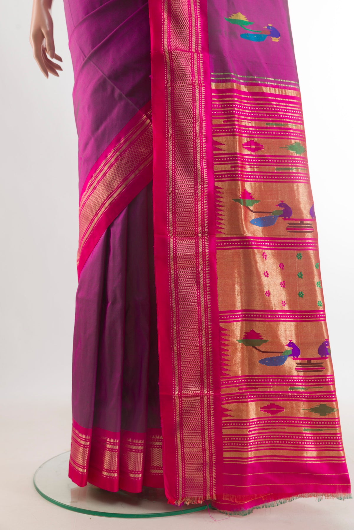 Pleats and pallu of Pure Silk Purple Paithani Saree with Zari Butta on the body and Zari Border. 