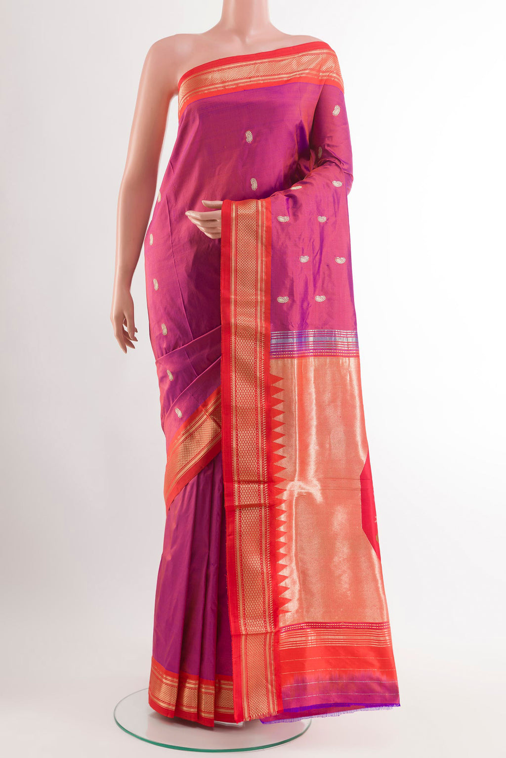 Purple Paithani Silk Saree with Zari Butta on the body and Zari Border.  displayed on a mannequin