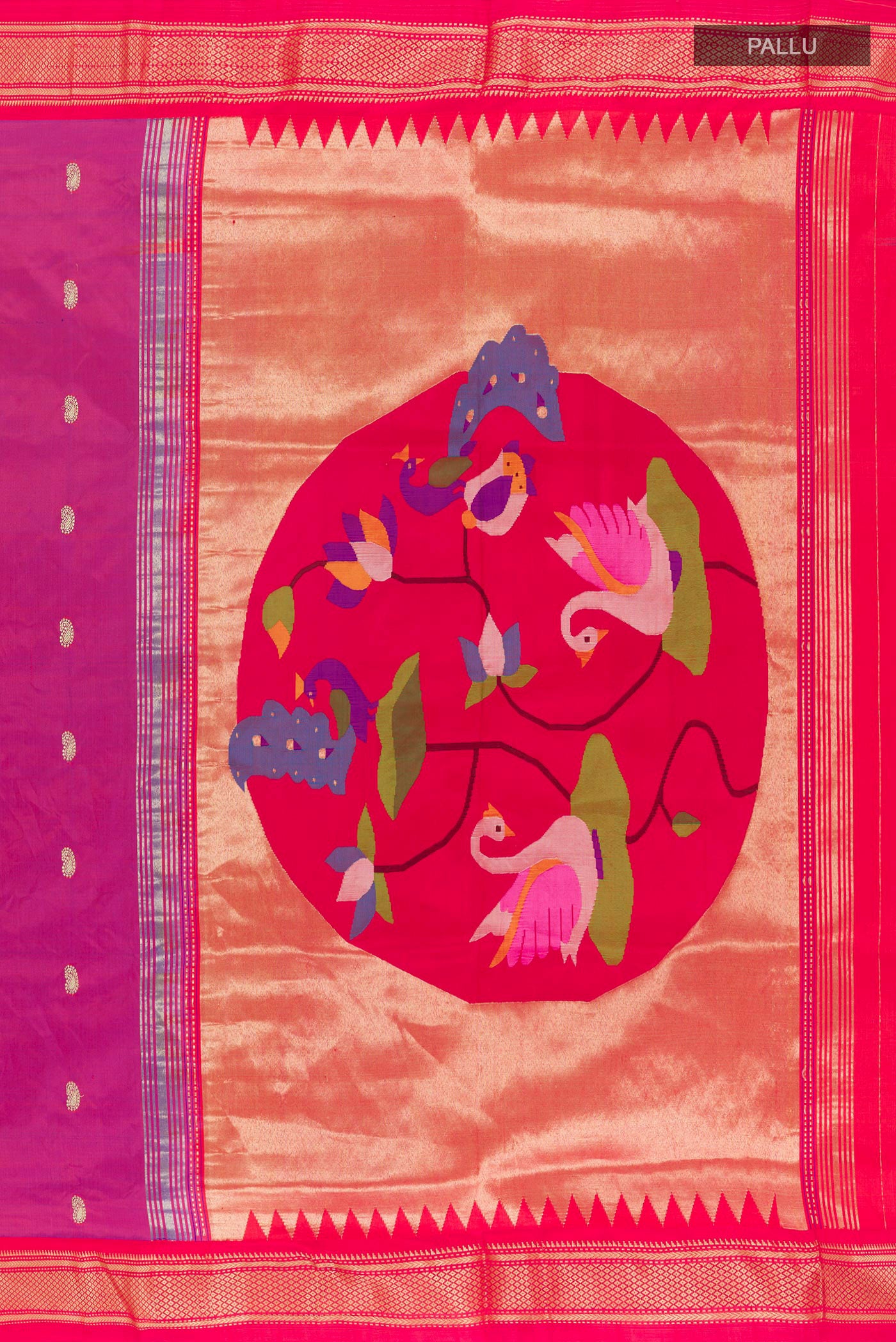 Close up image of the pallu of Purple Paithani Silk Saree with Zari Butta on the body and Zari Border. 