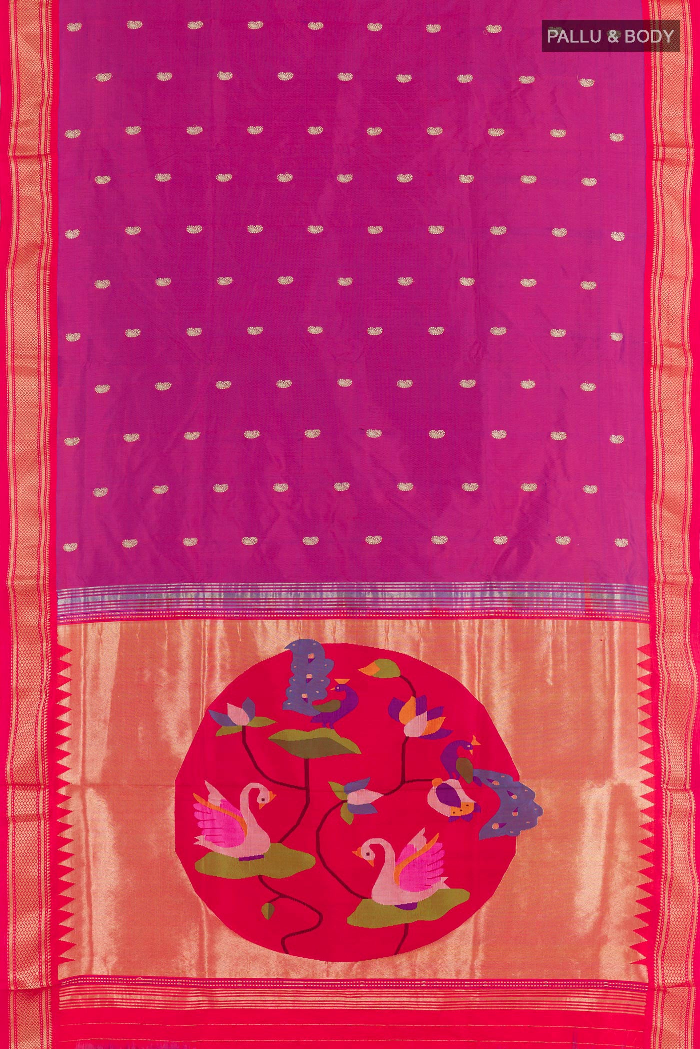 Flat view of Purple Paithani Silk Saree with Zari Butta on the body and Zari Border. 
