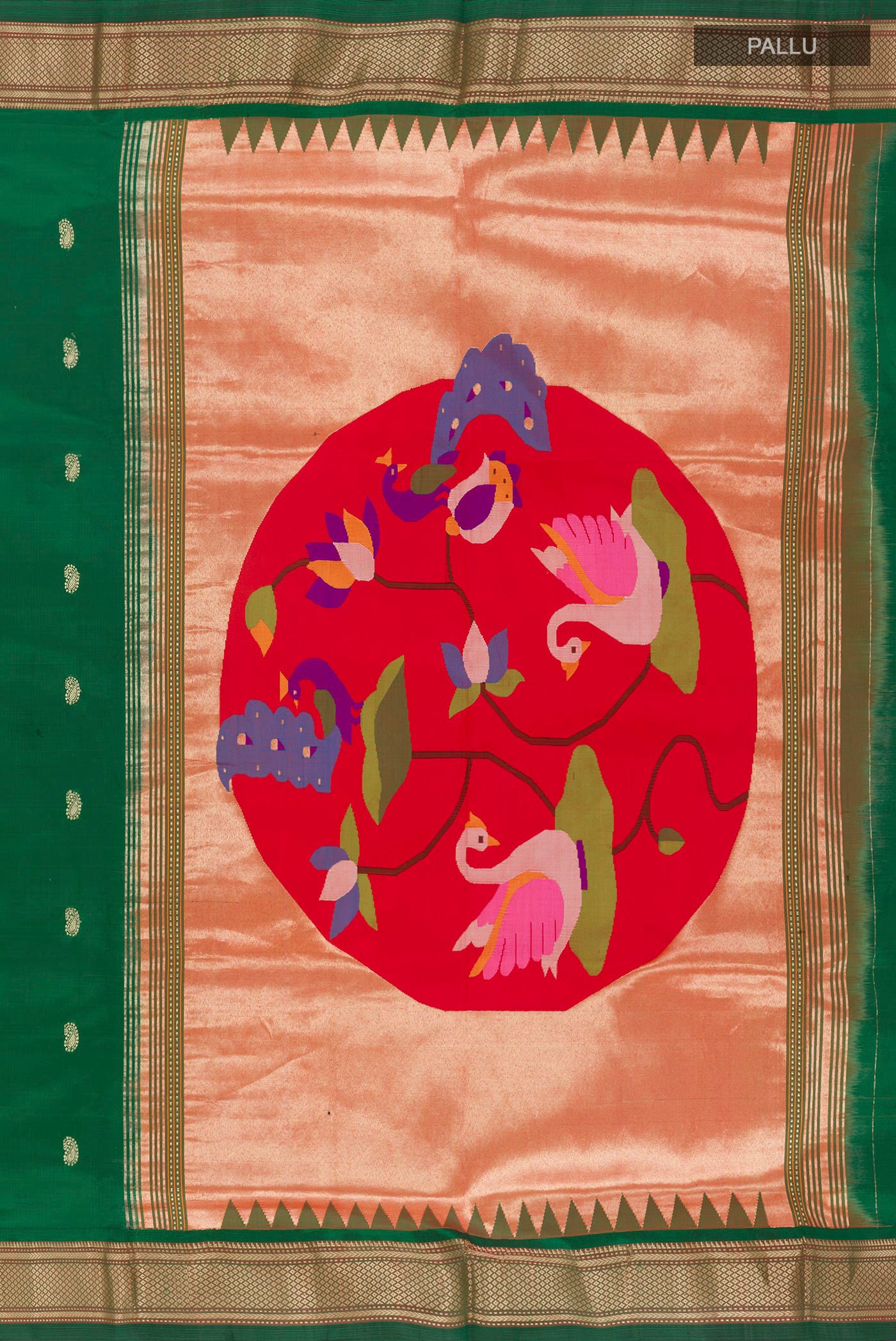 Close up image of the pallu of Green Paithani Silk Saree with Zari Butta on the body and Zari Border. 