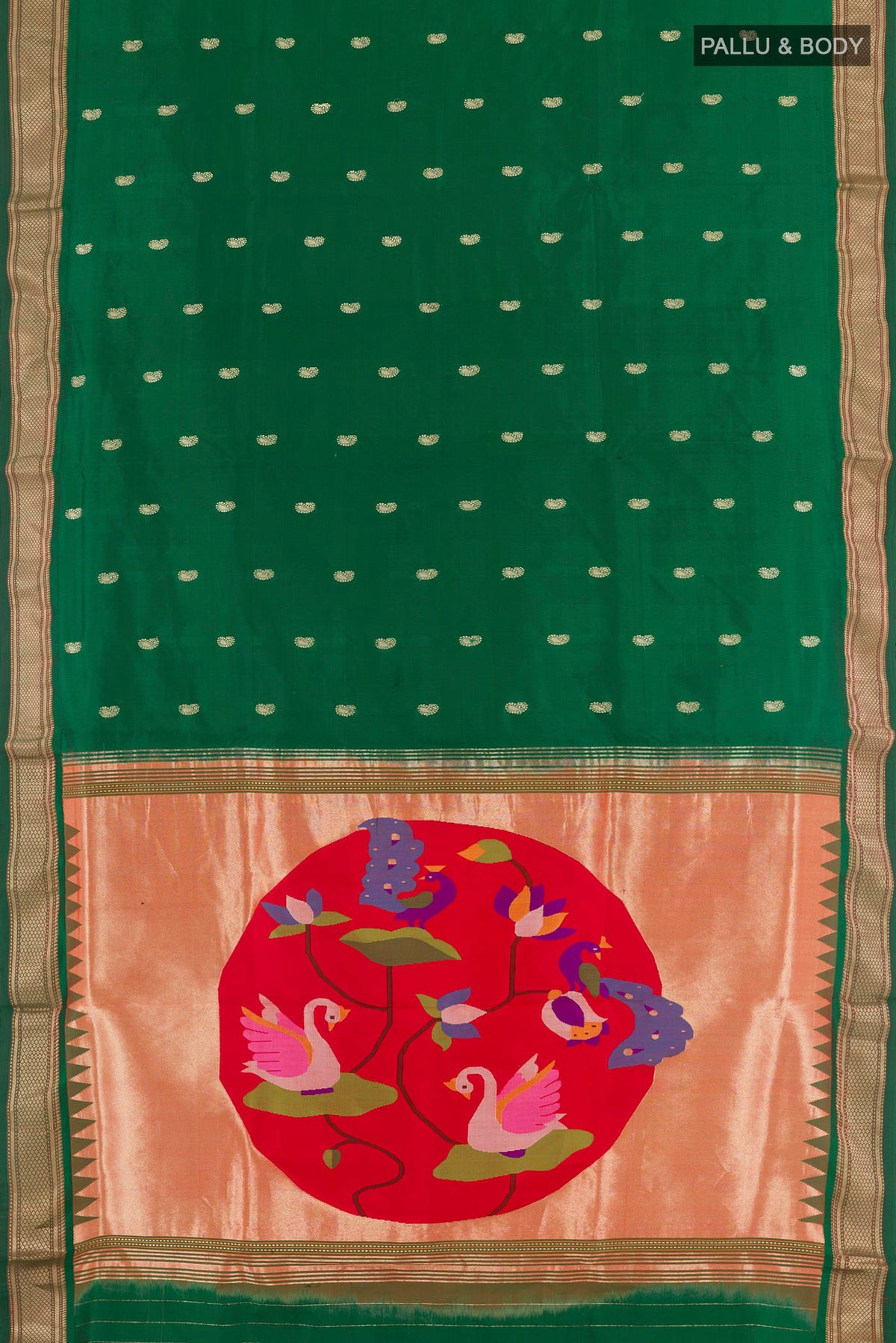 Flat view of Green Paithani Silk Saree with Zari Butta on the body and Zari Border. 