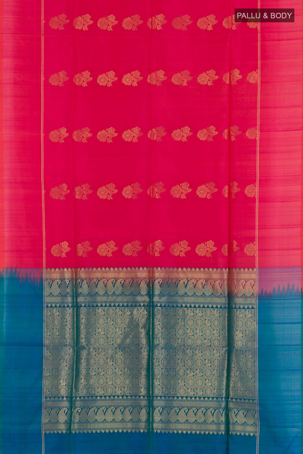 Flat view of Pink Soft Silk Saree with Zari Butta on the body and Zari Border. 