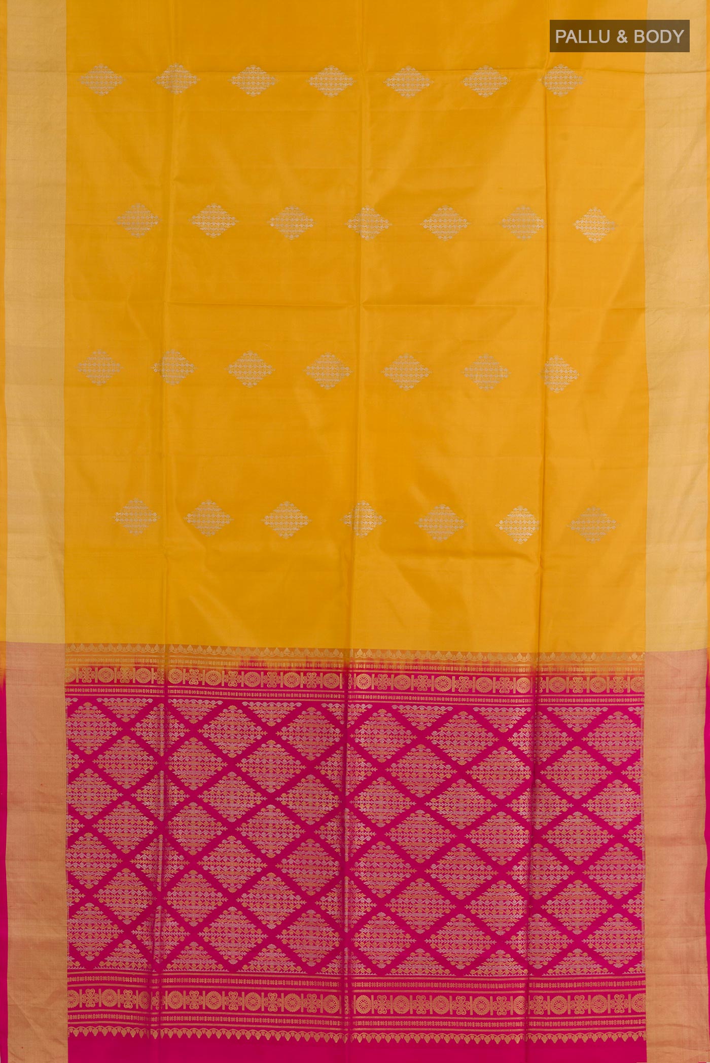Flat view of Yellow Soft Silk Saree with Zari Butta on the body and Zari Border. 