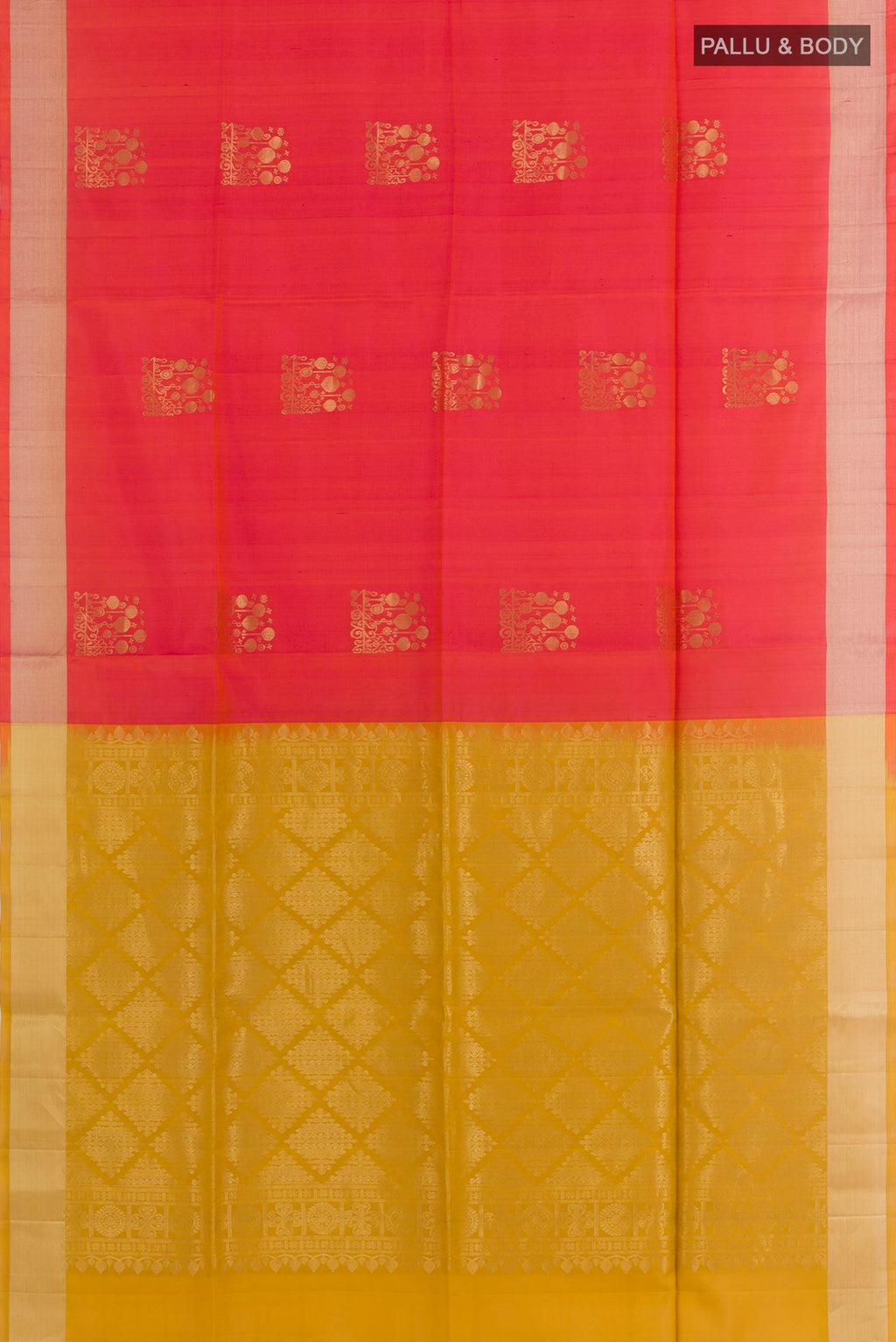 Flat view of Red Soft Silk Saree with Zari Butta on the body and Zari Border. 