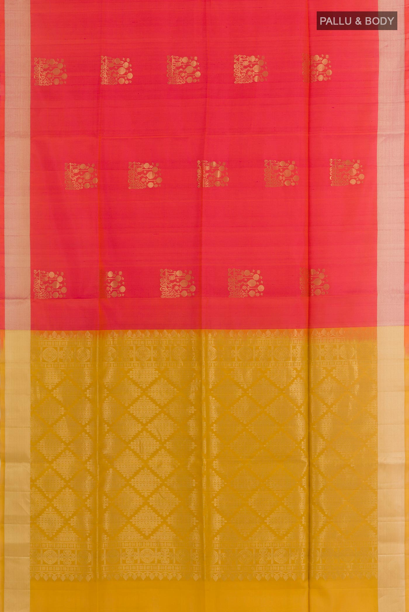Flat view of Red Soft Silk Saree with Zari Butta on the body and Zari Border. 