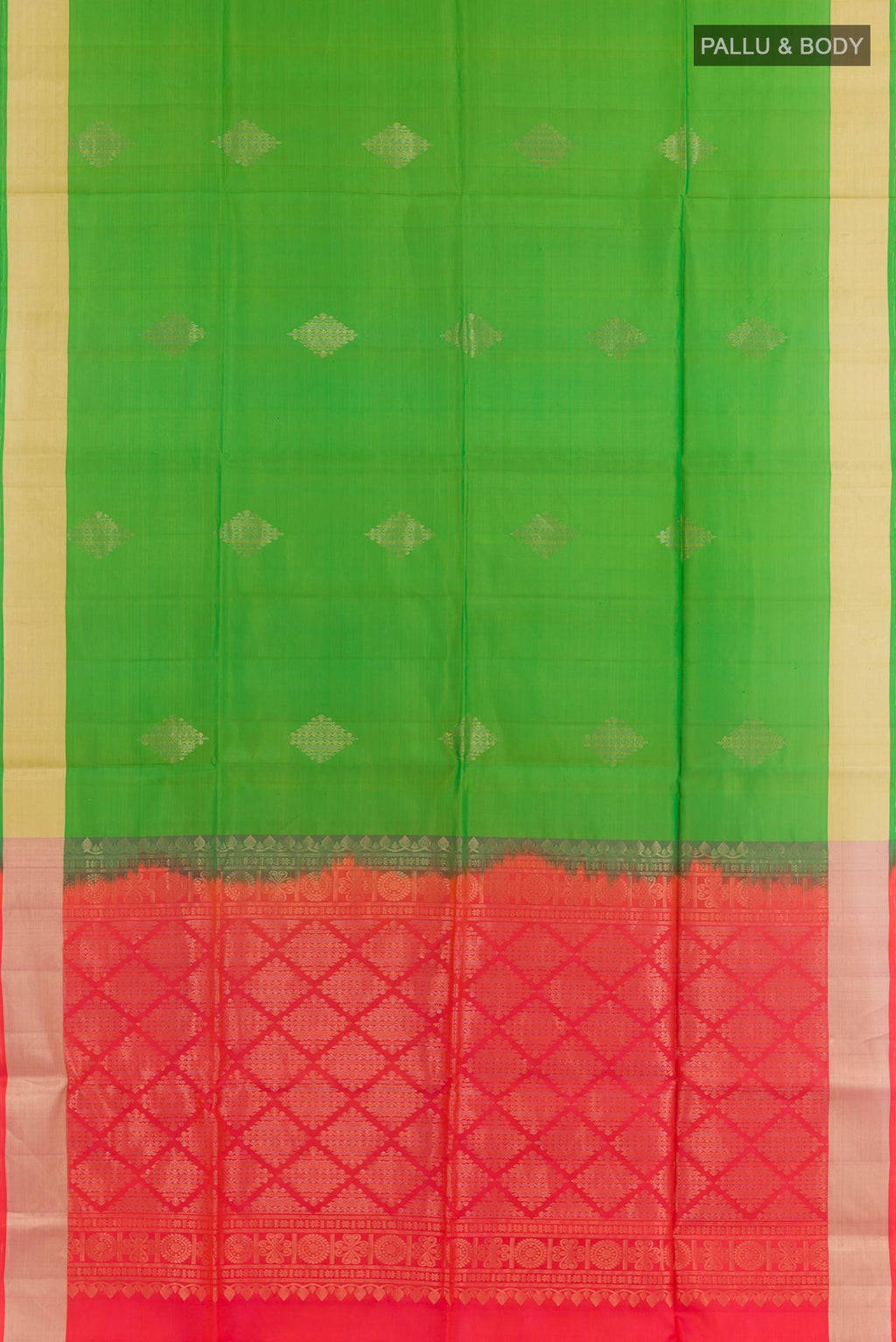 Flat view of Green Soft Silk Saree with Zari Butta on the body and Zari Border. 