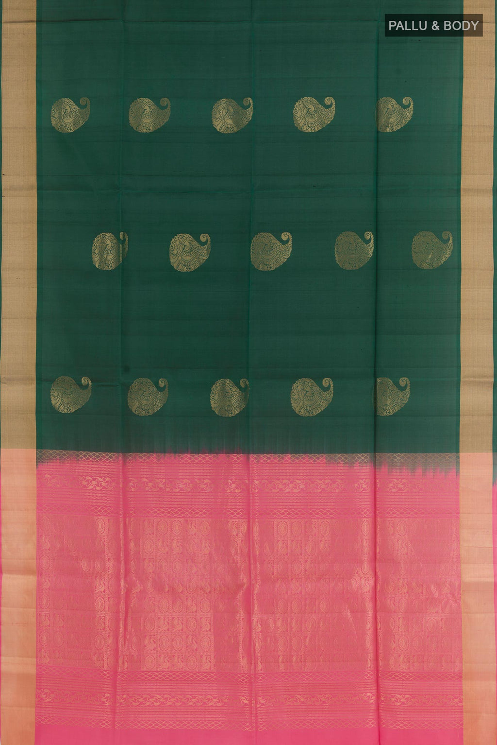 Flat view of Bottle Green Soft Silk Saree with Zari Butta on the body and Zari Border. 