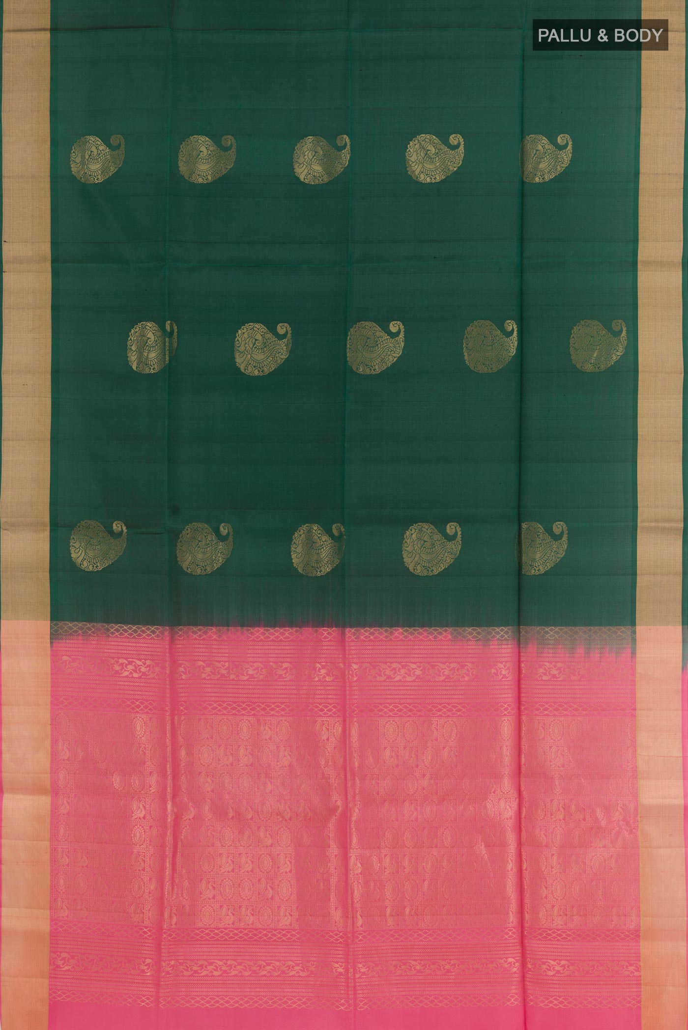 Flat view of Bottle Green Soft Silk Saree with Zari Butta on the body and Zari Border. 