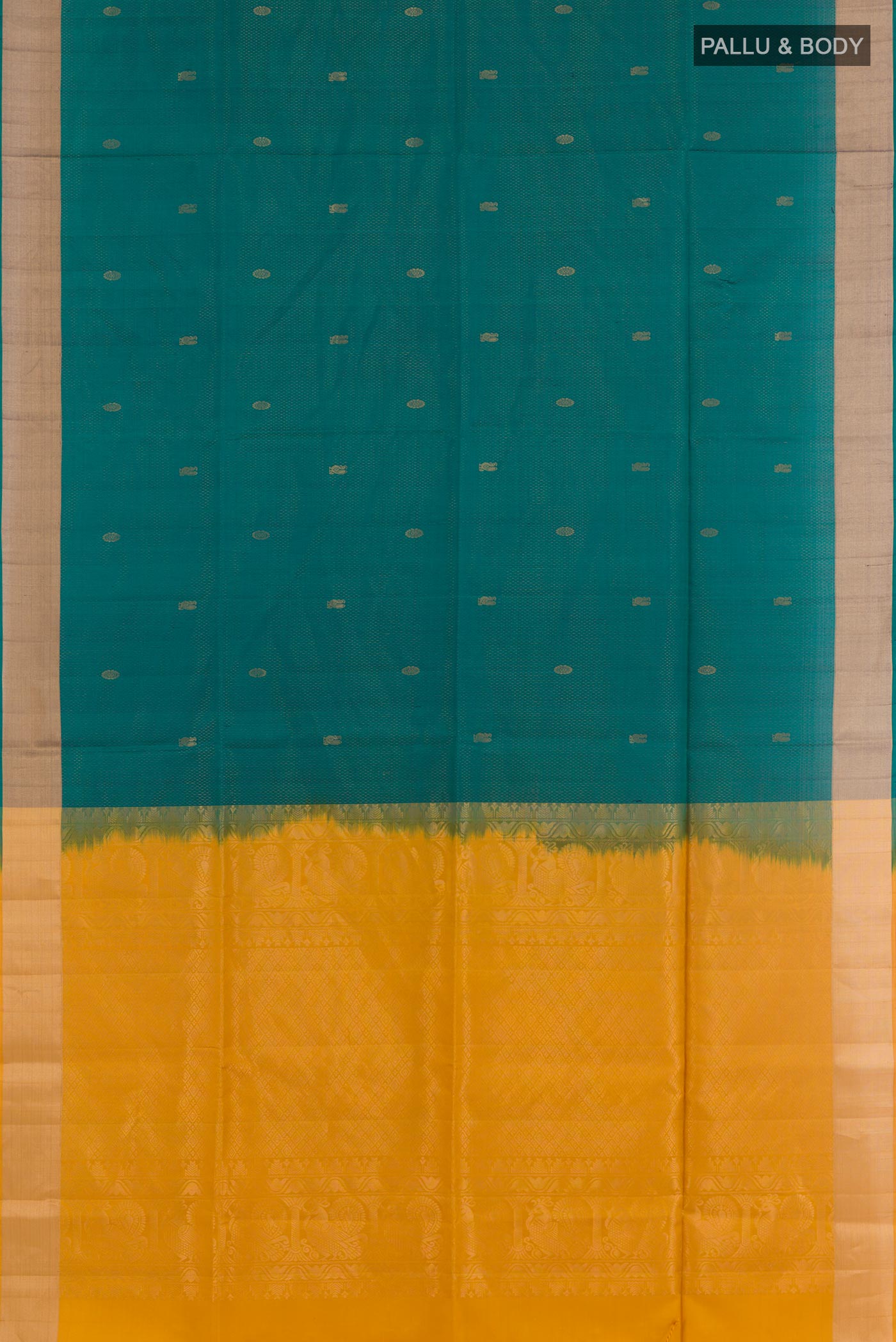 Flat view of Sea Green Soft Silk Saree with Zari Butta on the body and Zari Border. 