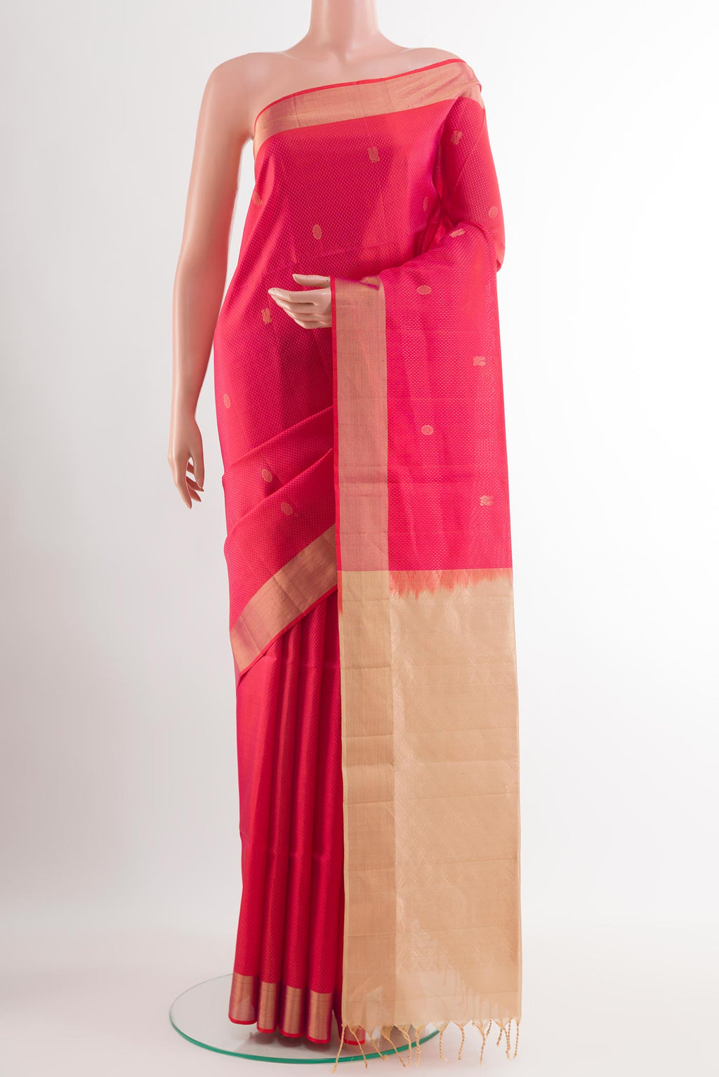Pink Soft Silk Saree with Zari Butta on the body and Thread Embroidery Border.  displayed on a mannequin