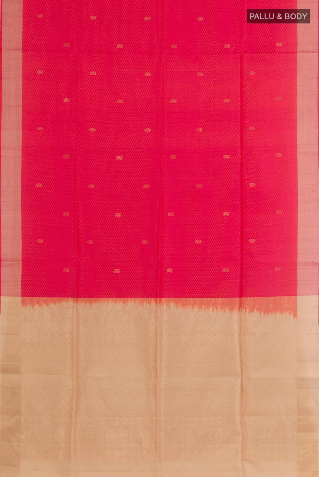 Flat view of Pink Soft Silk Saree with Zari Butta on the body and Thread Embroidery Border. 