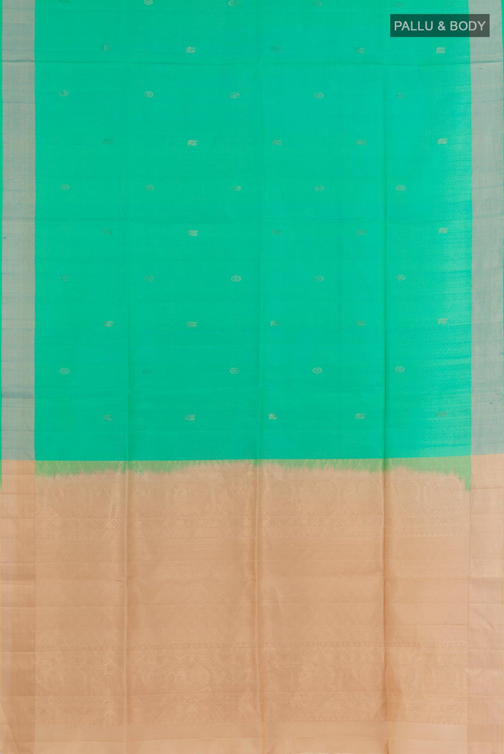 Flat view of Sea Green Soft Silk Saree with Zari Butta on the body and Zari Border. 