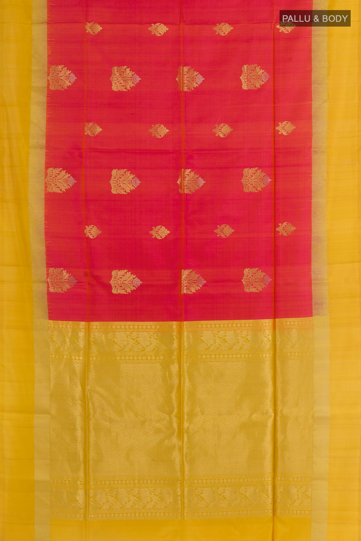 Flat view of Pink Soft Silk Saree with Zari Butta on the body and Zari Border. 