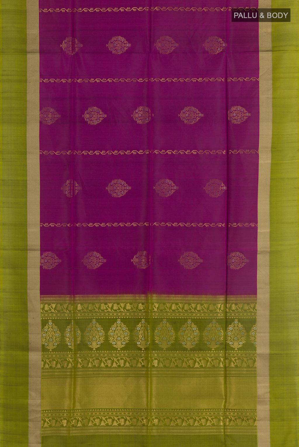 Flat view of Purple Soft Silk Saree with Zari Butta on the body and Zari Border. 
