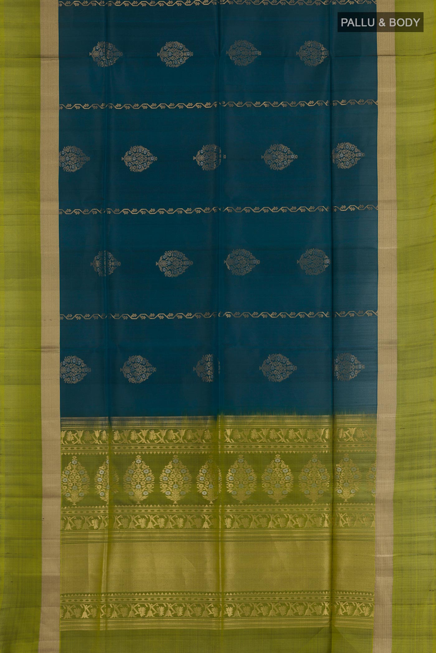 Flat view of Teal Soft Silk Saree with Zari Butta on the body and Zari Border. 