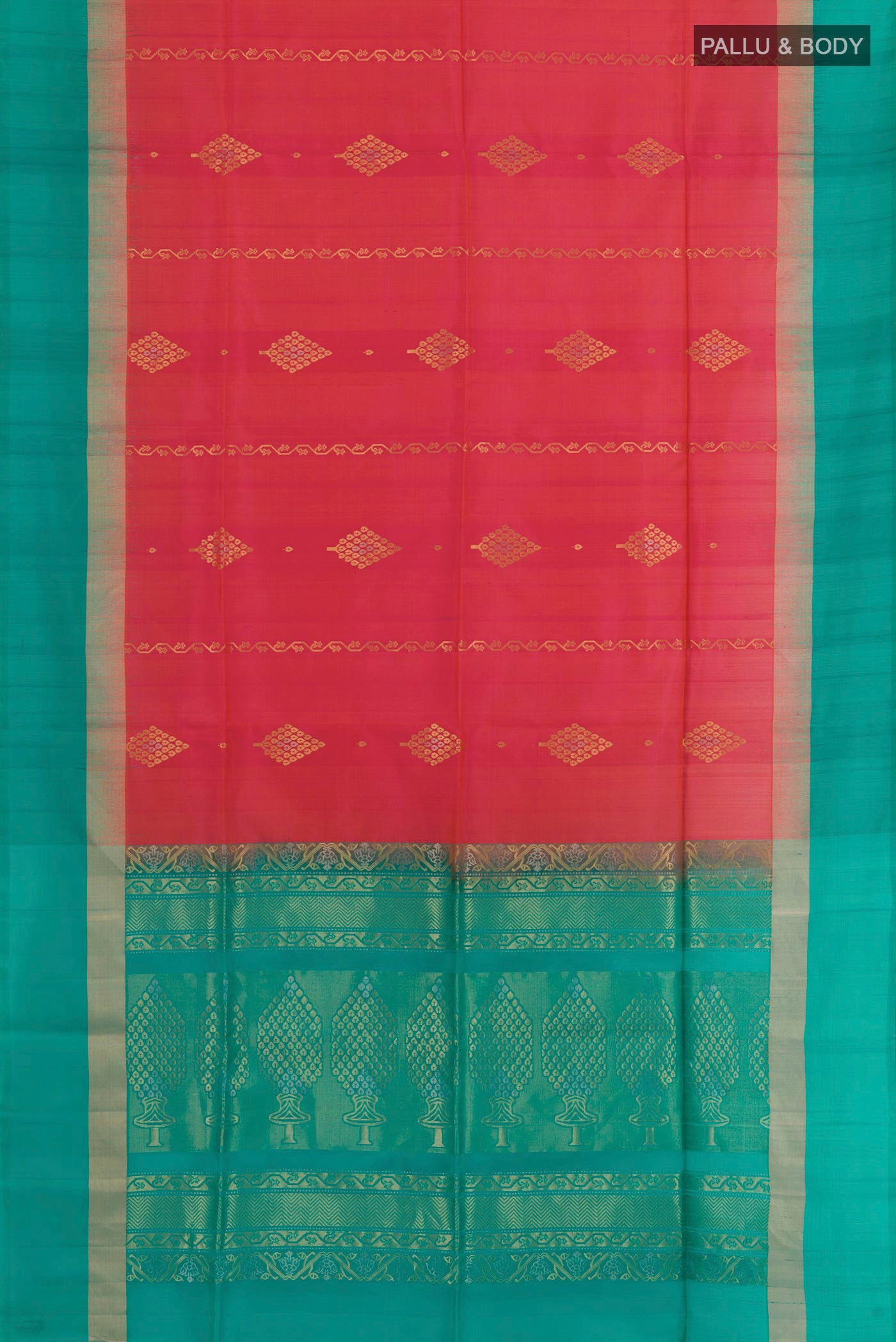 Flat view of Pink Soft Silk Saree with Zari Butta on the body and Zari Border. 
