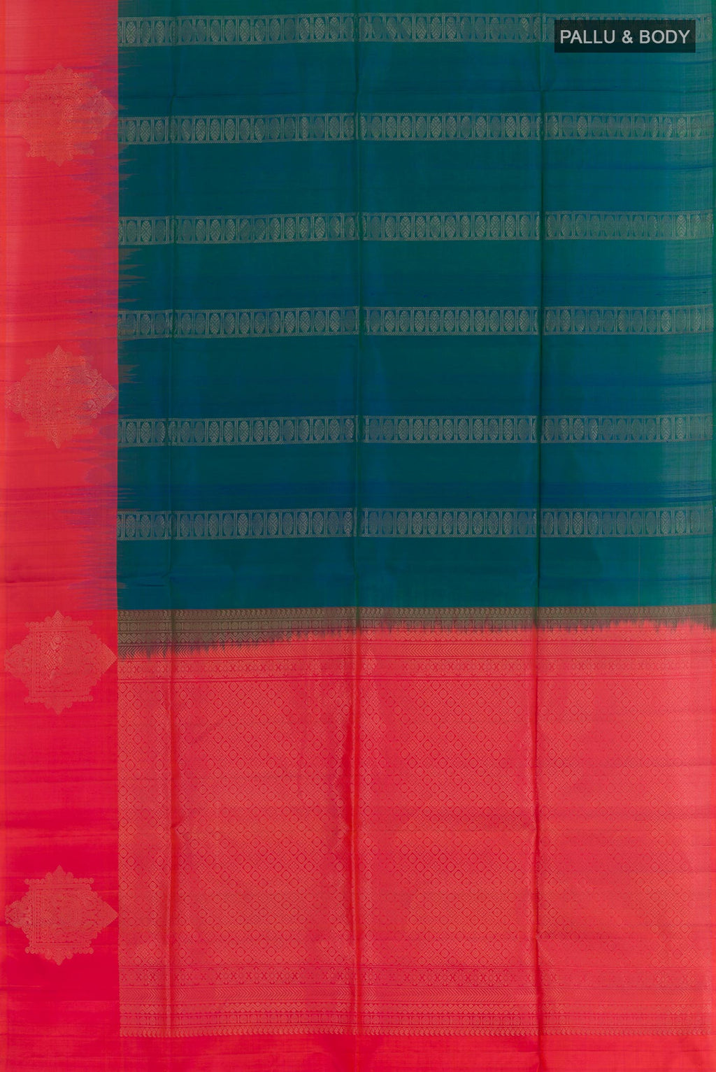 Flat view of Peacock Blue Dual Tone Soft Silk Saree with Zari Butta on the body and Zari Border. 