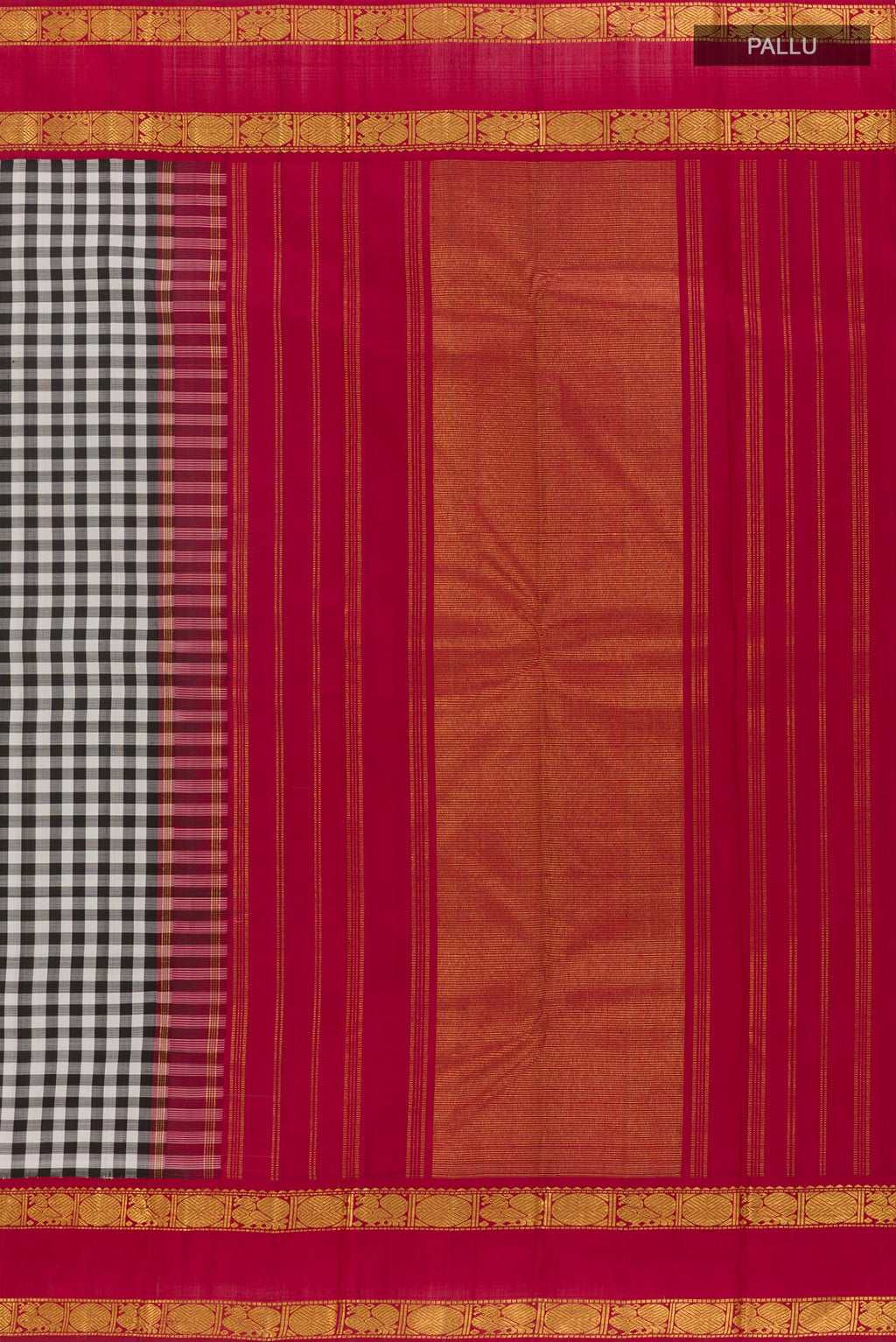 Close up image of the pallu of White Kanjivaram Silk Saree with Checked design on the body and Zari Border. 
