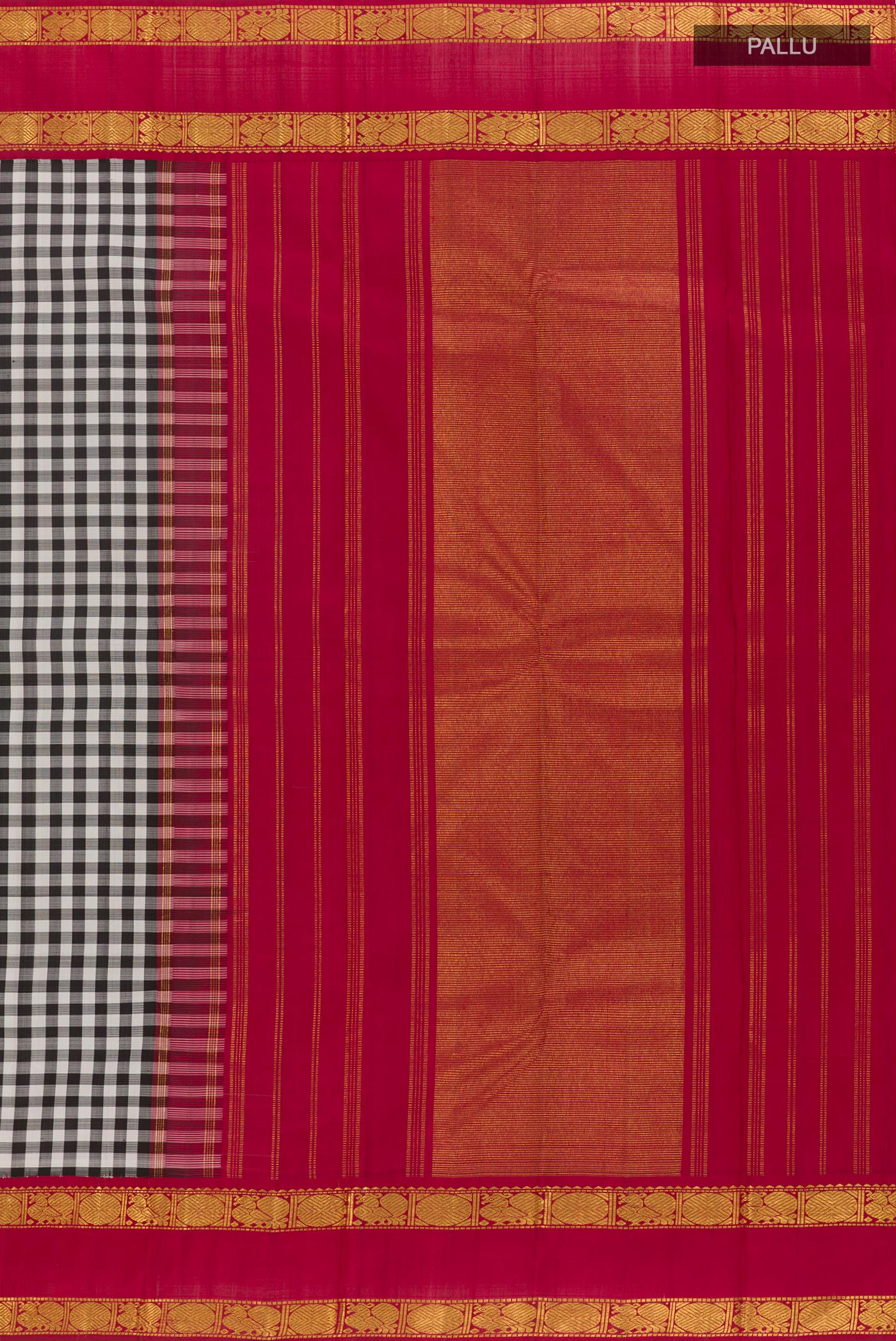 Close up image of the pallu of White Kanjivaram Silk Saree with Checked design on the body and Zari Border. 