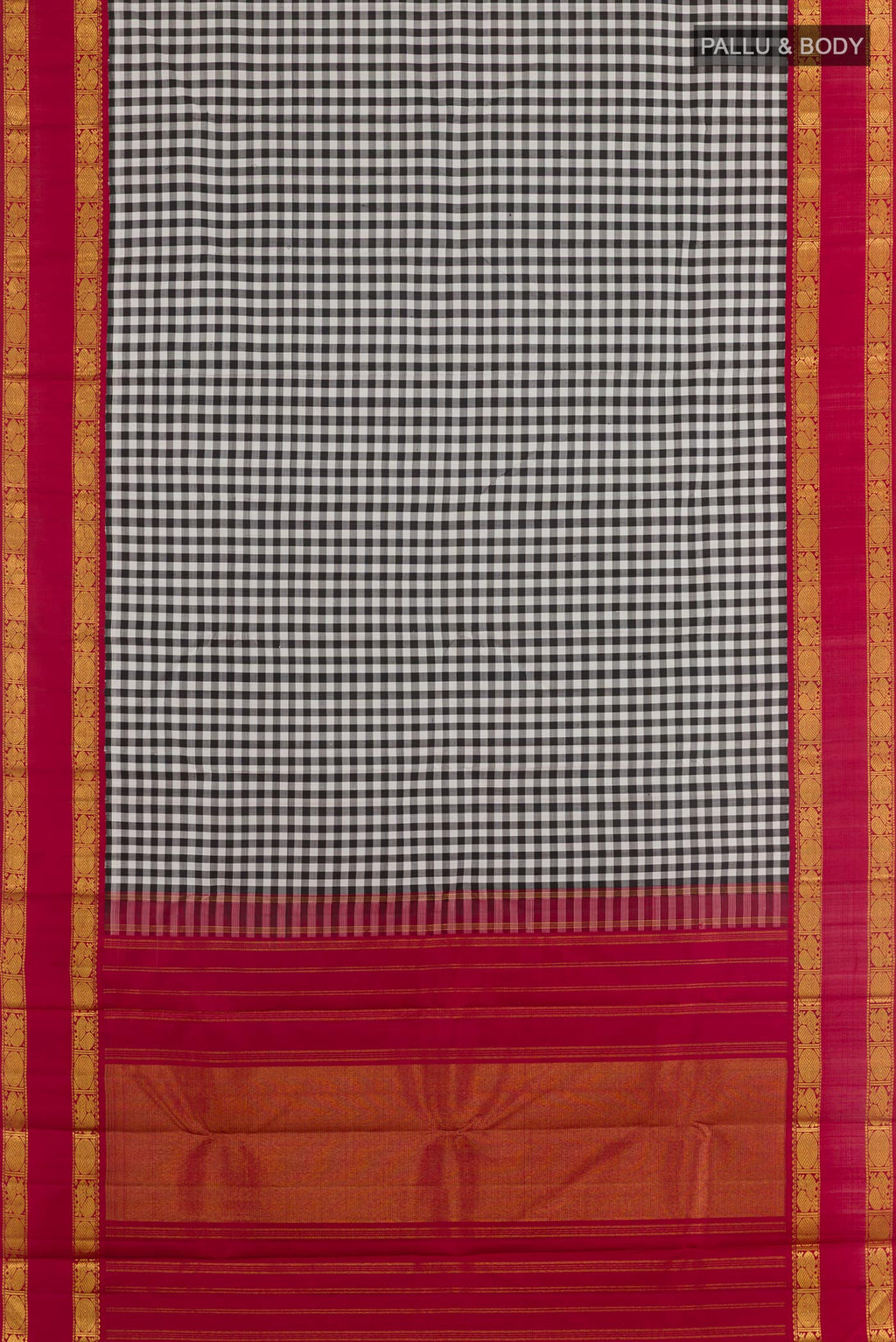 Flat view of White Kanjivaram Silk Saree with Checked design on the body and Zari Border. 