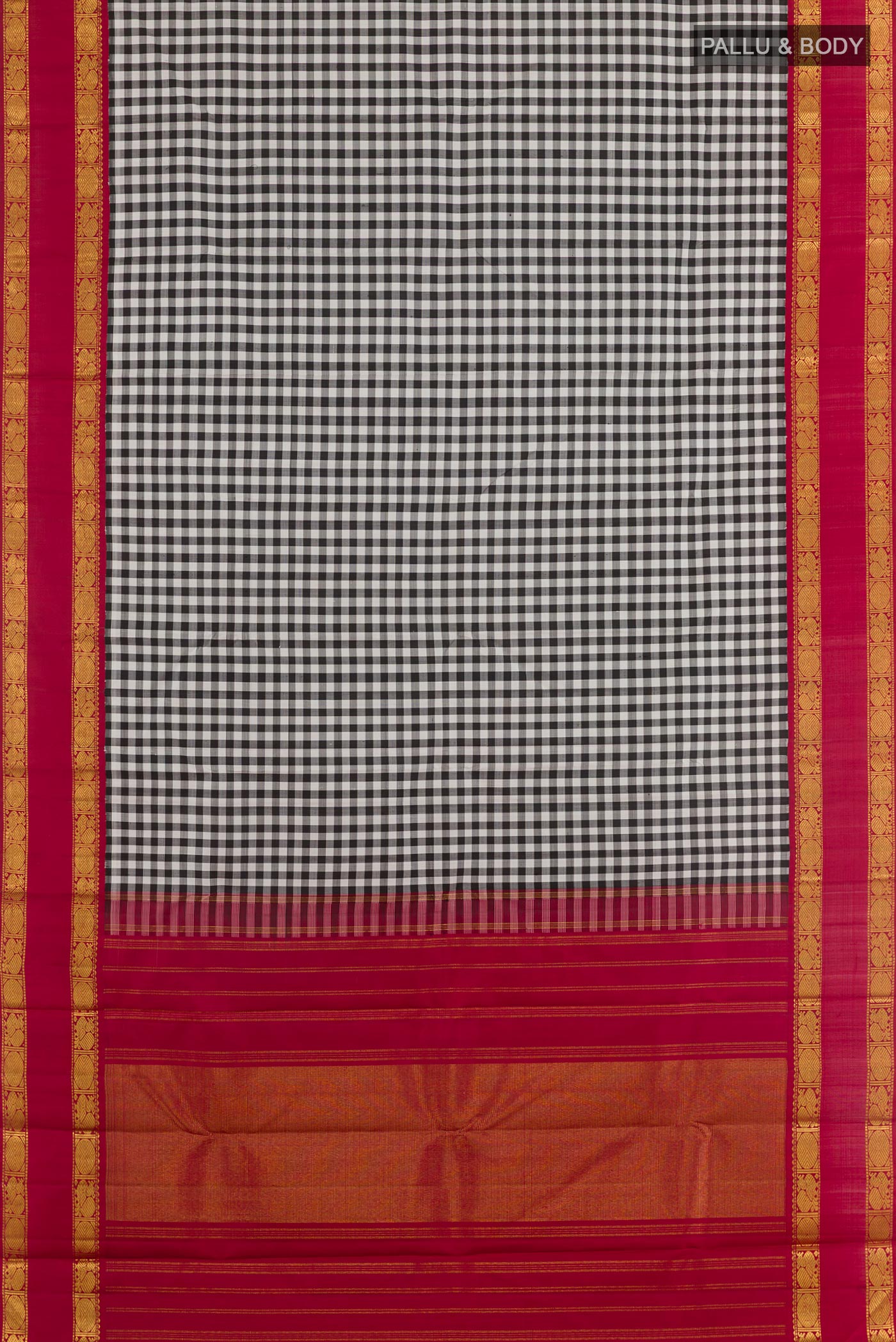 Flat view of White Kanjivaram Silk Saree with Checked design on the body and Zari Border. 