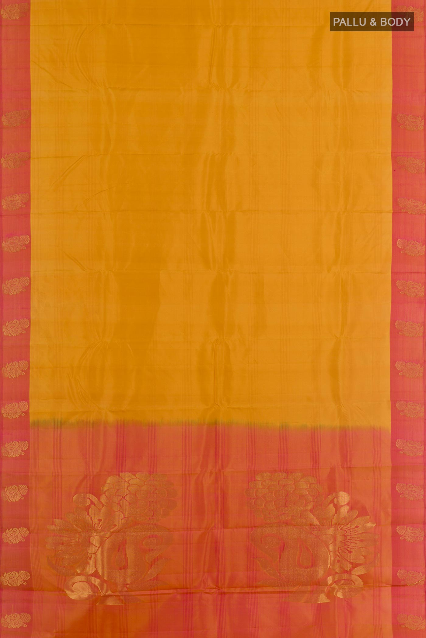 Flat view of Mustard Kanjivaram Silk Saree with Stripes on the body and Zari Border. 